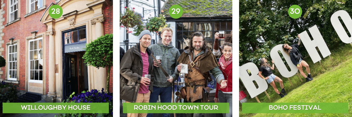 Collage of images of the best things to do in Nottingham featuring Paul Smith, the Robin Hood Town Tour, and the Boho Festival